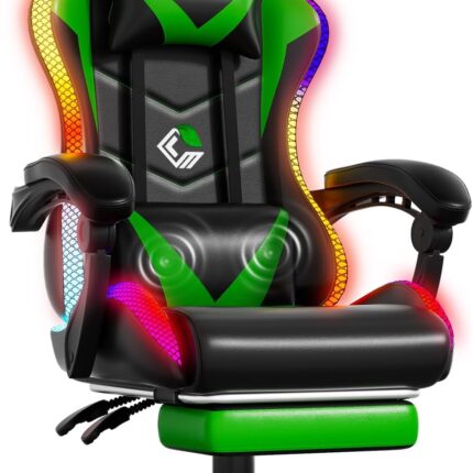 Gaming Chair, Racing Style RGB LED Lights Gaming Chairs for Adults and Kids, Lumbar Massager Gamer Chair, High Back Reclining Computer Chair with Footrest and Headrest (Black/Green)