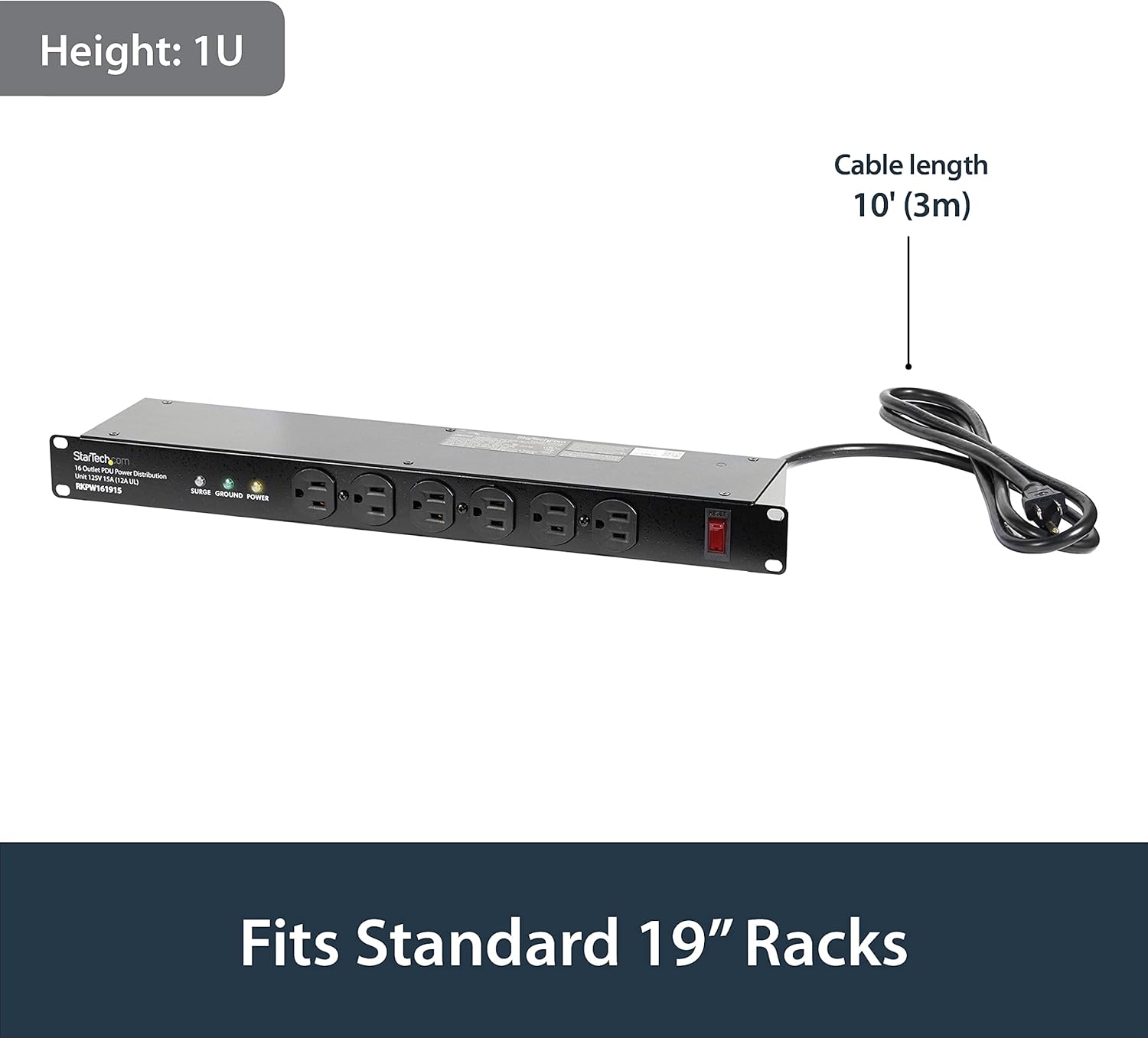 StarTech.com 16 Outlet Horizontal 1U Rack Mount PDU Power Strip for Network Server Racks - Surge Protection - 120V/15A - 6ft Power Cord (RKPW161915) - Image 8