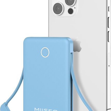 6000mah Ultra Slim Built in Cables Power Bank, Card Size Built in USB C Cords Battery Pack Portable Charger for Phones, 3 Output External Battery Pack Compatible with iPhone, Blue