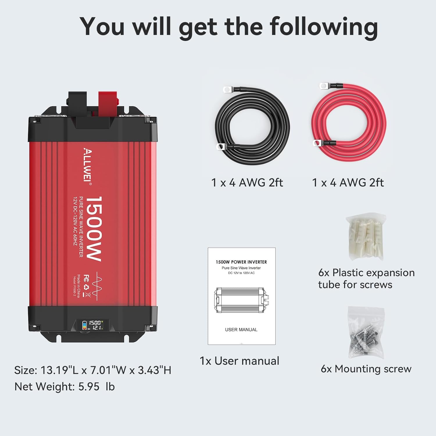 ALLWEI 1500W Pure Sine Wave Inverter 12V DC to 110V/120V AC Converter, Surge 3000W | Power Inverters Vehicles with 2 AC Outlets, RV Truck Boat Home Outdoor & Off-Grid Solar Inverter, Smart LCD Display - Image 7