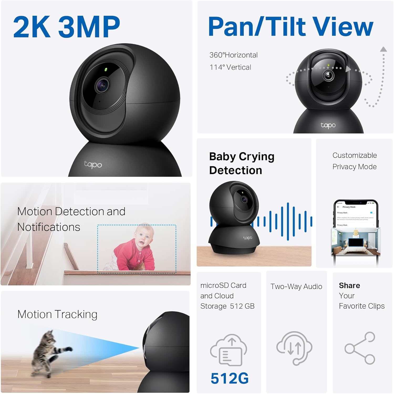 Tapo 2K Indoor Pan/Tilt Wired Security Camera - Works as a Baby Monitor & Pet Camera, Motion Detection, 2-Way Audio, Siren, Night Vision, No-Subscription Local Storage or Optional Cloud, C211 (2-Pack) - Image 2