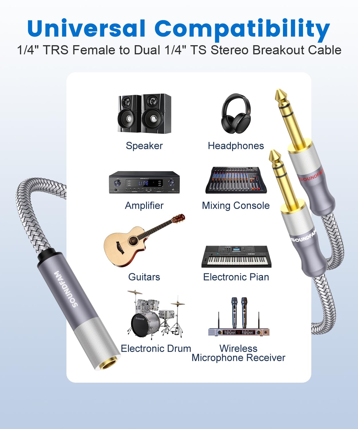 1/4" Splitter Cable 2 Feet/60CM,Microphone Splitter 1 Female to 2 Male TRS 1/4 inch Splitter 6.35mm Stereo Female Plug to Dual 6.35mm Male-Grey - Image 4