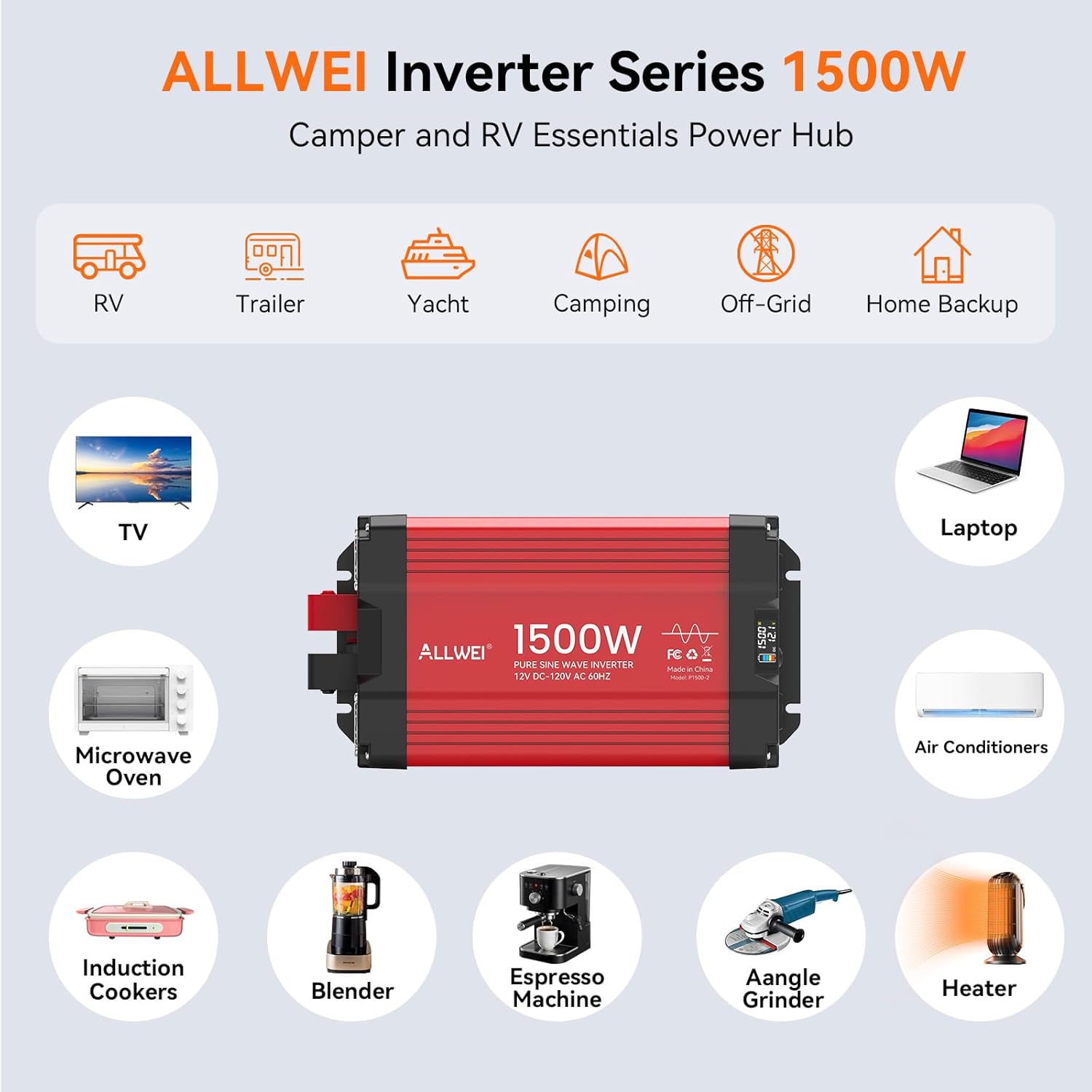 ALLWEI 1500W Pure Sine Wave Inverter 12V DC to 110V/120V AC Converter, Surge 3000W | Power Inverters Vehicles with 2 AC Outlets, RV Truck Boat Home Outdoor & Off-Grid Solar Inverter, Smart LCD Display - Image 2