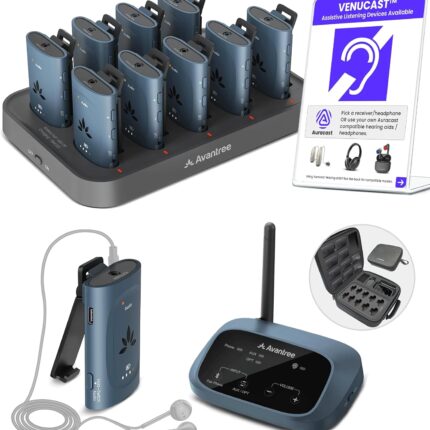 Avantree AuraPlex MX - Auracast Assistive Listening System with 1 Transmitter & 10 Wireless Receivers, Up to 328ft Audio Coverage, Scalable Group Listening Solution for Churches, Classrooms & Events