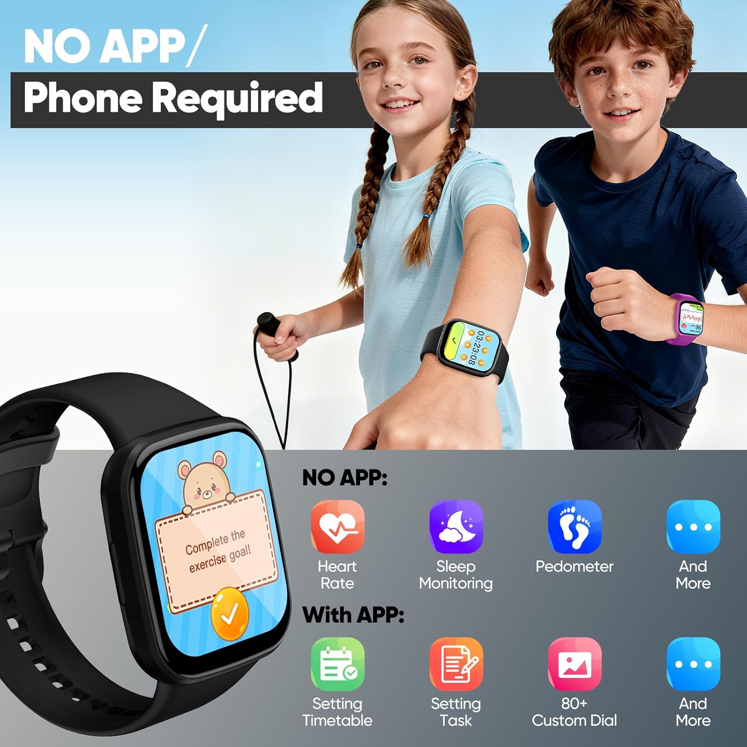 Smart Watch for Kids No APP/Phone Needed, HD Touch Screen Fitness Tracker with Heart Rate, Sleep Monitor, IP68 Waterproof Smartwatches with Pedometer, Alarm Clock, Gifts for Kids Ages 4-12 (Black) - Image 3