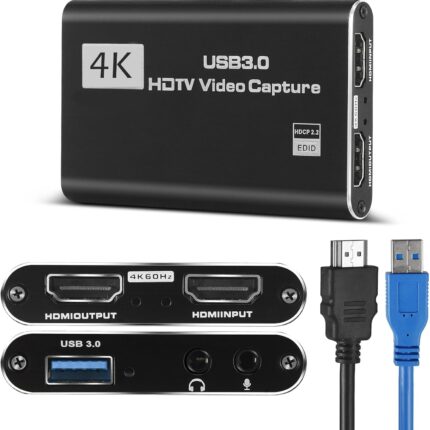 4K HDMI Video Capture Card, Plug & Play USB 3.0 Gaming Capture Card with Microphone - No Driver Needed for PC/Mac, 1080P 60FPS for Nintendo Switch, PS5, PS4, Xbox, OBS Streaming