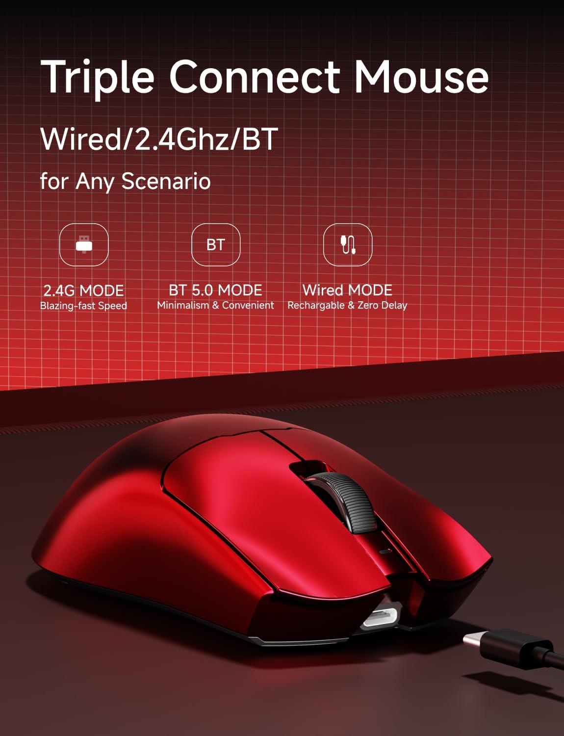 S9 Ultra Wireless Gaming Mouse, 59G Ergonomic Computer Mouse, Triple Modes, 8K Polling, PAW3950 42K DPI Optical Sensor, Kailh Switch, 250h Battery Life, Programmable for PC/Win/Mac(Red) - Image 3