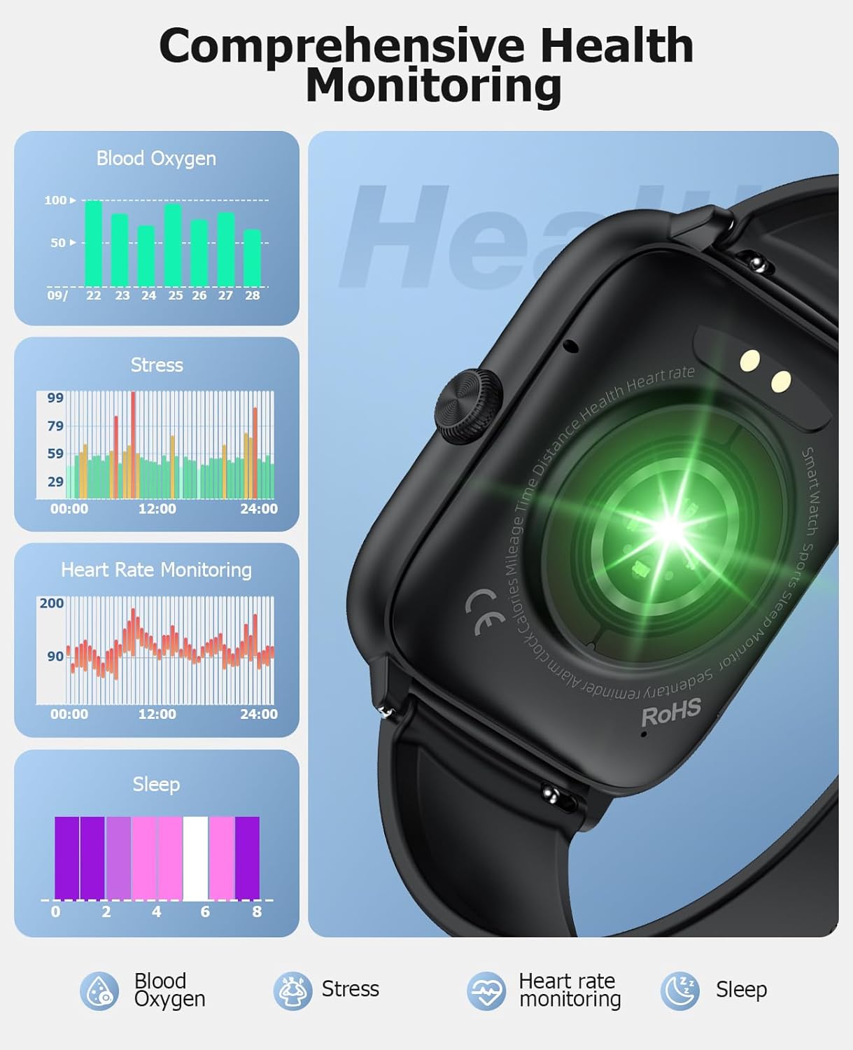 Smart Watch for Men with Bluetooth Call, 2.06" AMOLED Fitness Tracker with 118 Sports Modes, Blood Pressure/Heart Rate/Sleep/Blood Oxygen Monitor, IP68 Waterproof, Compatible with Android and iPhone - Image 4