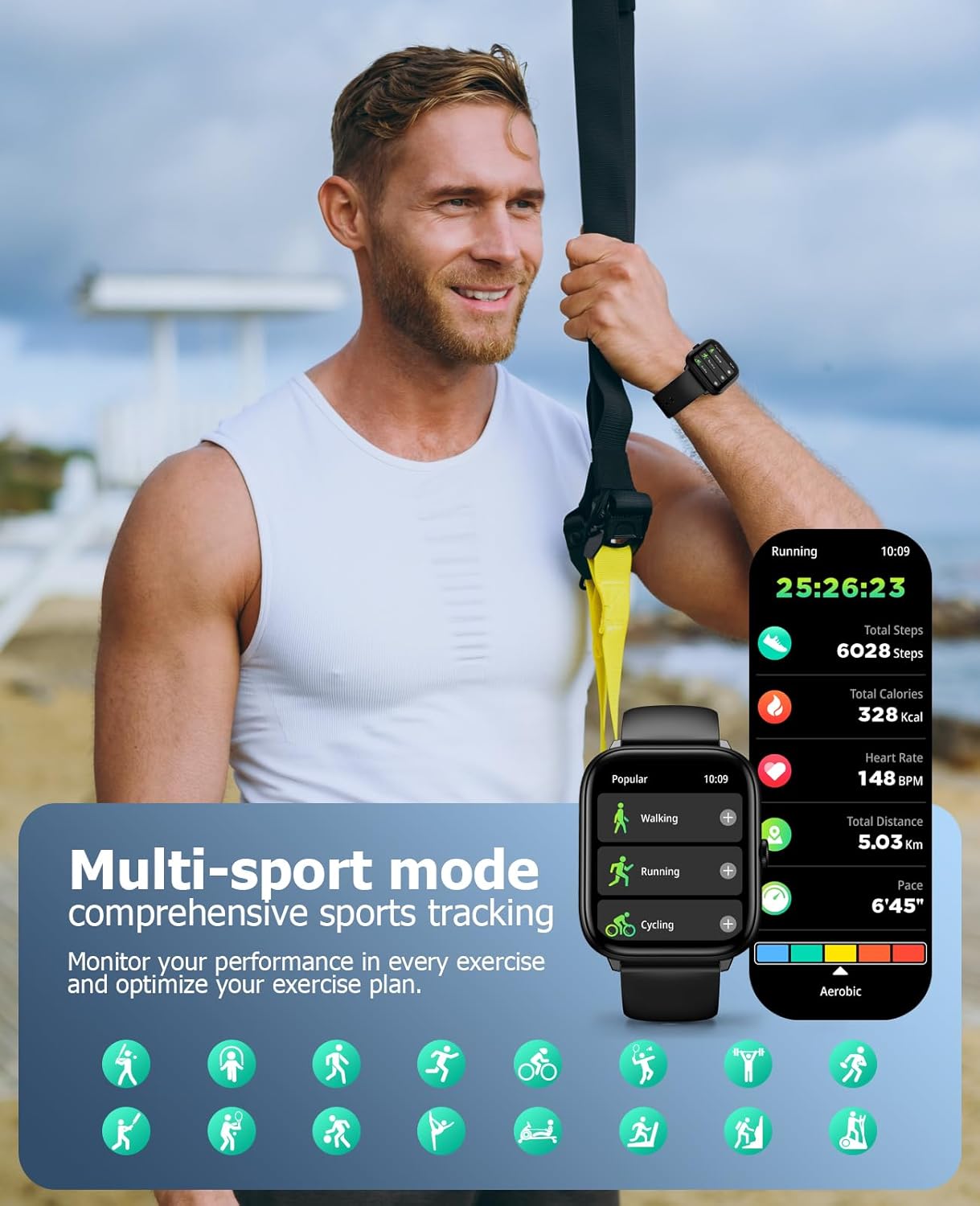 Smart Watch for Men with Bluetooth Call, 2.06" AMOLED Fitness Tracker with 118 Sports Modes, Blood Pressure/Heart Rate/Sleep/Blood Oxygen Monitor, IP68 Waterproof, Compatible with Android and iPhone - Image 5