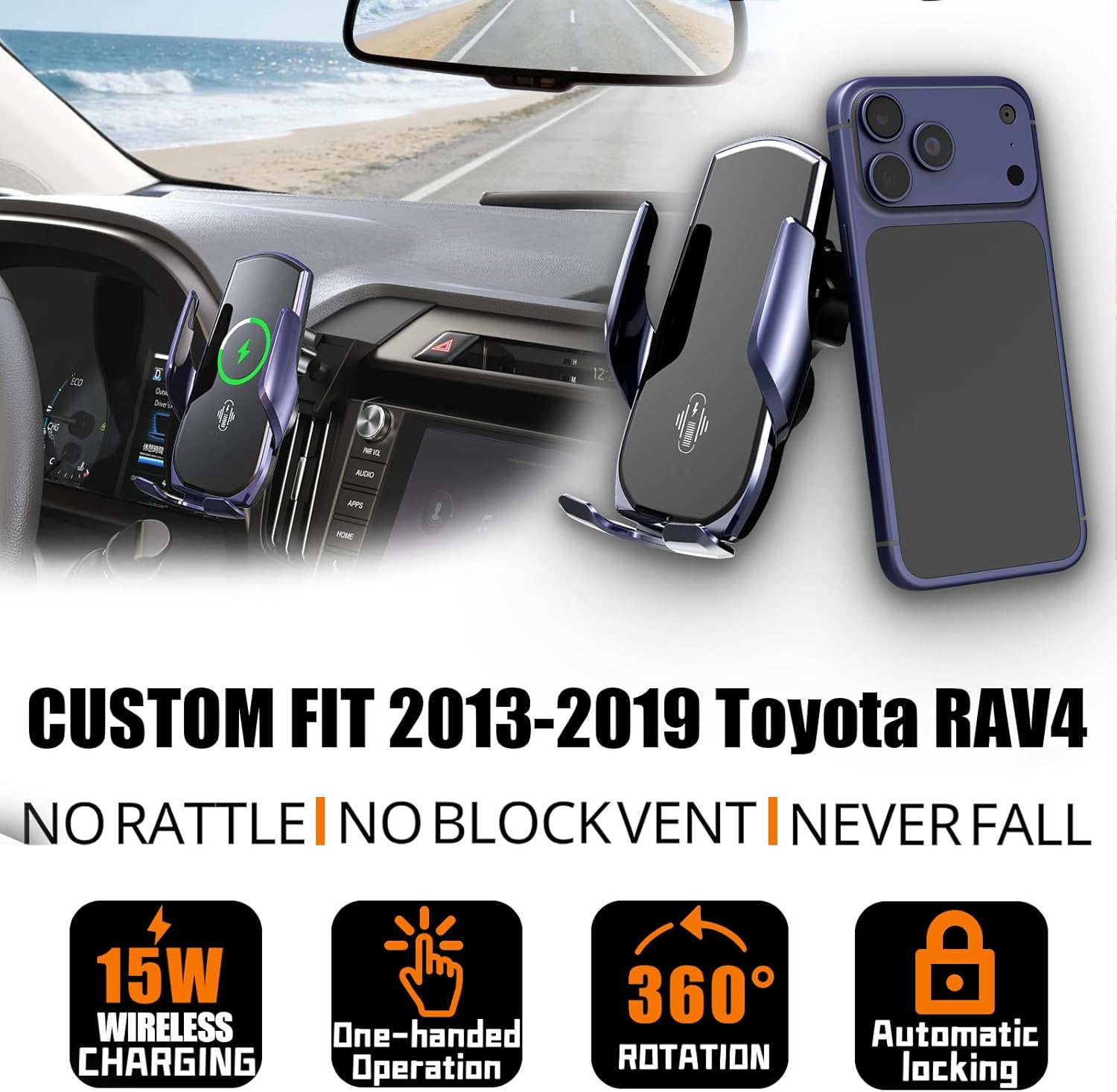 Car Phone Mount for Toyota RAV4 2013–2019, 15W Wireless Fast Charging Auto-Clamping Center Console Phone Holder, One-Hand Operation, Hands-Free, 360° Adjustable, Without Blocking Airflow - Image 2