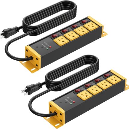 CCCEI 2PCS Heavy Duty Power Strip Surge Protector 20 AMP Individual Switches. 12 Gauge Extension Cord with Multiple Outlets. Garage, Shop, Industrial Wall Mount Electric Extender. 15FT, Yellow.