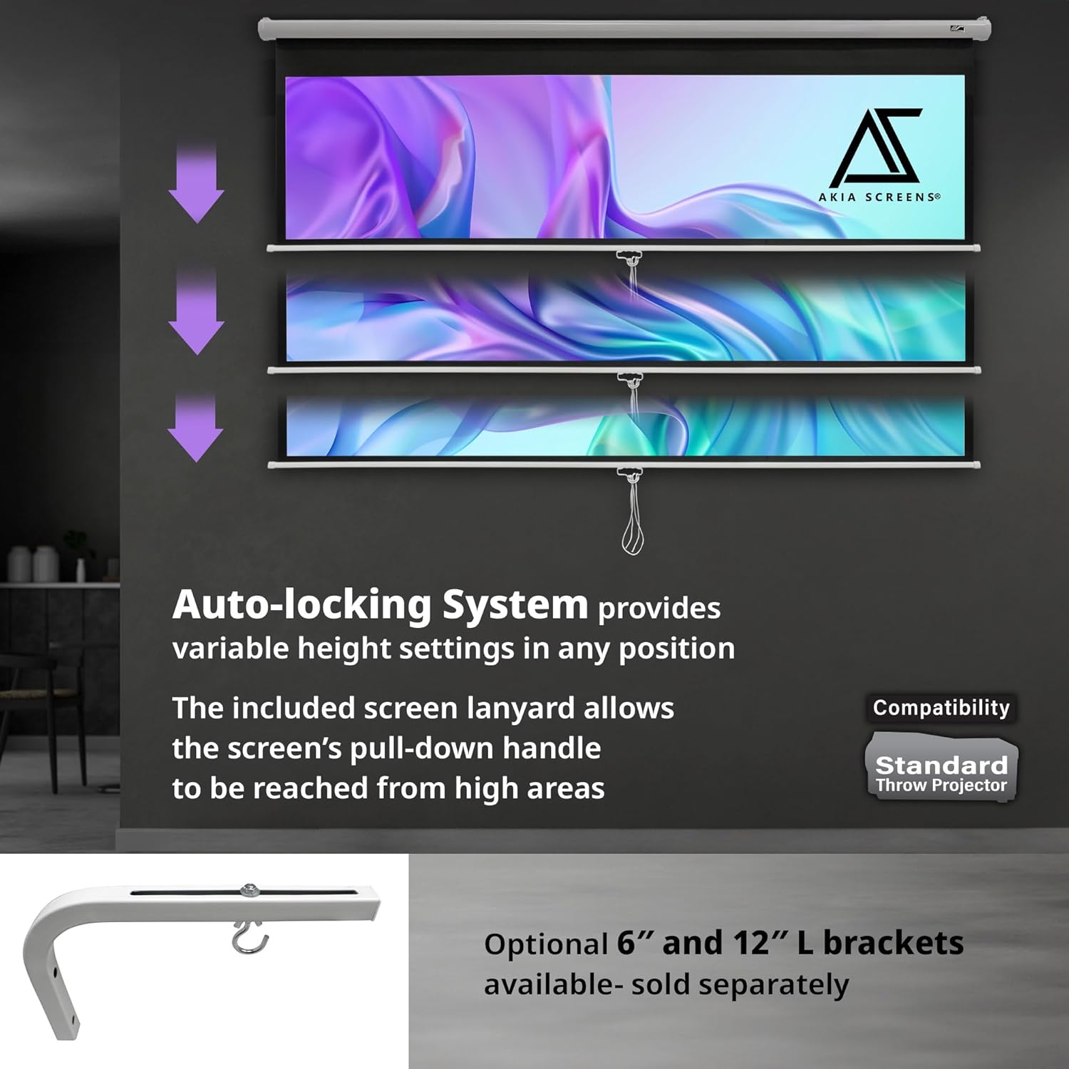 Akia Screens 110 inch Pull Down Projector Screen Manual B 16:9 8K 4K HD 3D Ceiling Wall Mount White Portable Projection Screen Retractable Auto Locking for Indoor Movie Home Theater Office AK-M110H1 - Image 2