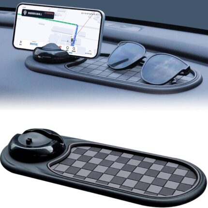 Universal Anti-Slip Car Dashboard Mat with 360° Rotating Phone Holder – Multi-Functional Organizer Pad for Phones, Sunglasses, Keys, and Daily Essentials (Gray Black)