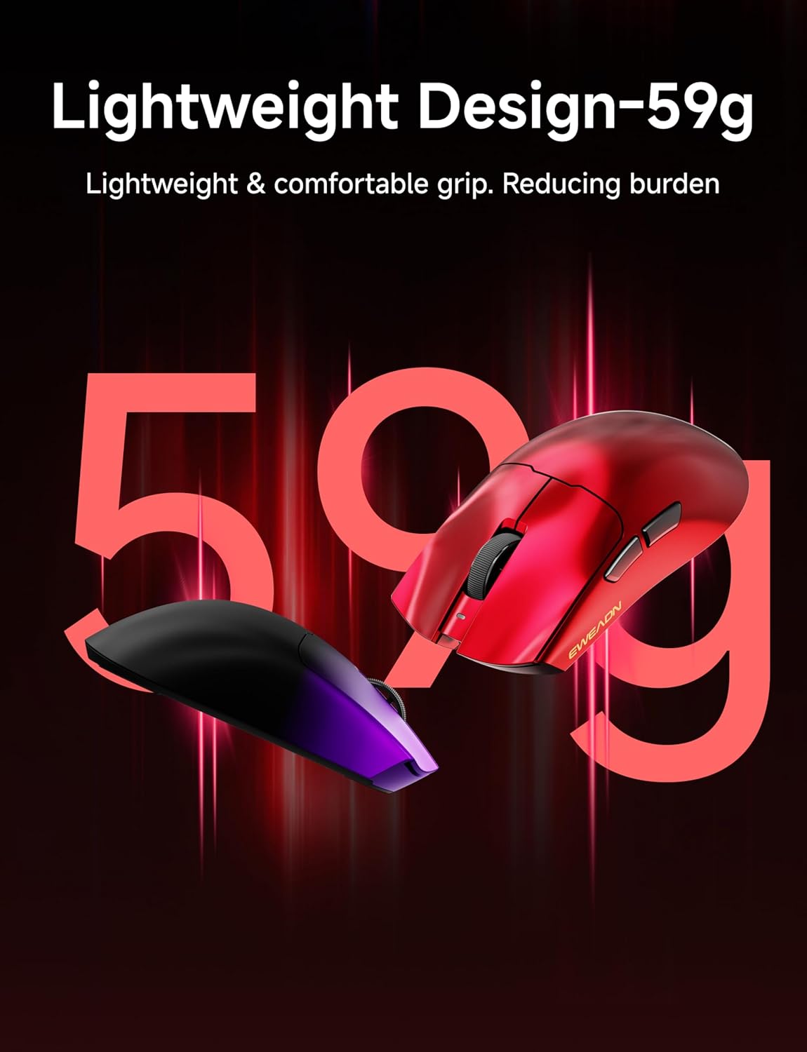 S9 Ultra Wireless Gaming Mouse, 59G Ergonomic Computer Mouse, Triple Modes, 8K Polling, PAW3950 42K DPI Optical Sensor, Kailh Switch, 250h Battery Life, Programmable for PC/Win/Mac(Red) - Image 8