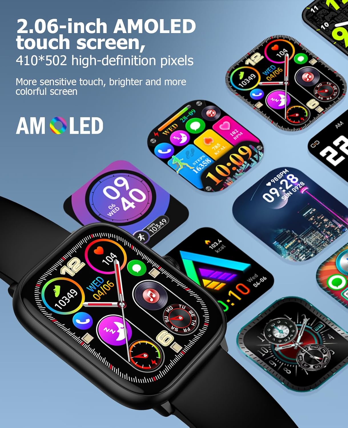 Smart Watch for Men with Bluetooth Call, 2.06" AMOLED Fitness Tracker with 118 Sports Modes, Blood Pressure/Heart Rate/Sleep/Blood Oxygen Monitor, IP68 Waterproof, Compatible with Android and iPhone - Image 2