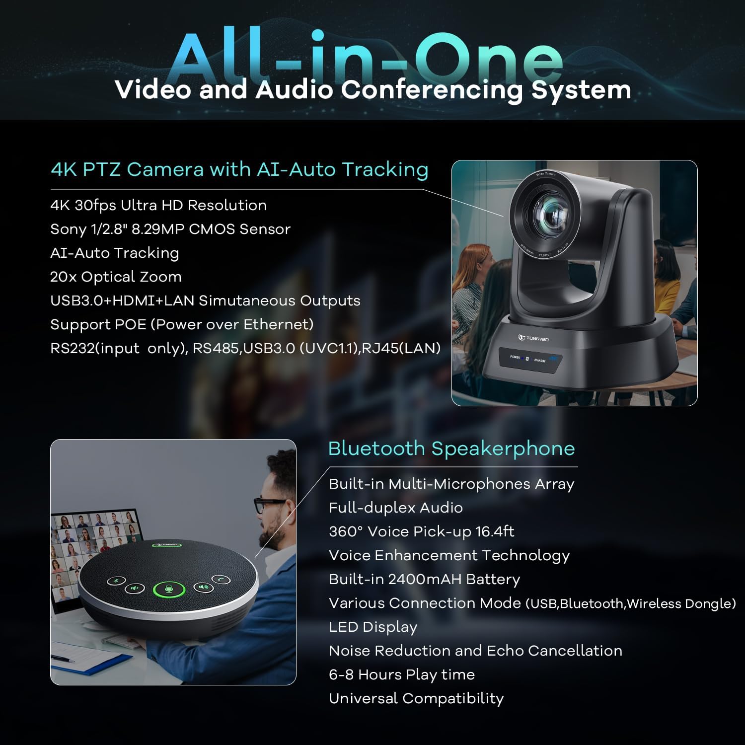TONGVEO 4K AI Auto Tracking PTZ Conference Camera System with Bluetooth Speakerphone & Microphone, 20X Optical Zoom, USB3.0 HDMI LAN PoE Power Camera for Church Worship, Meetings, Streaming - Image 4