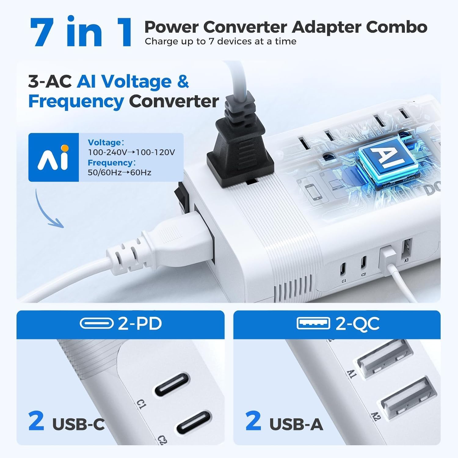 Voltage Converter US to Europe Travel 350W, 220V to 110V Power Converter Adapter Combo with 4 USB Ports for Hair Straightener Shaver Toothbrush Camera Phone, Plug Adapter White - Image 2