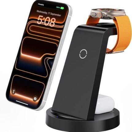 Anlmz 3 in 1 Charging Station for iPhone, Wireless Charger for iPhone 17 16e 16 15 14 13 12 11 X Pro Max & Apple Watch - Wireless Charging Station for AirPods 4 3 Pro