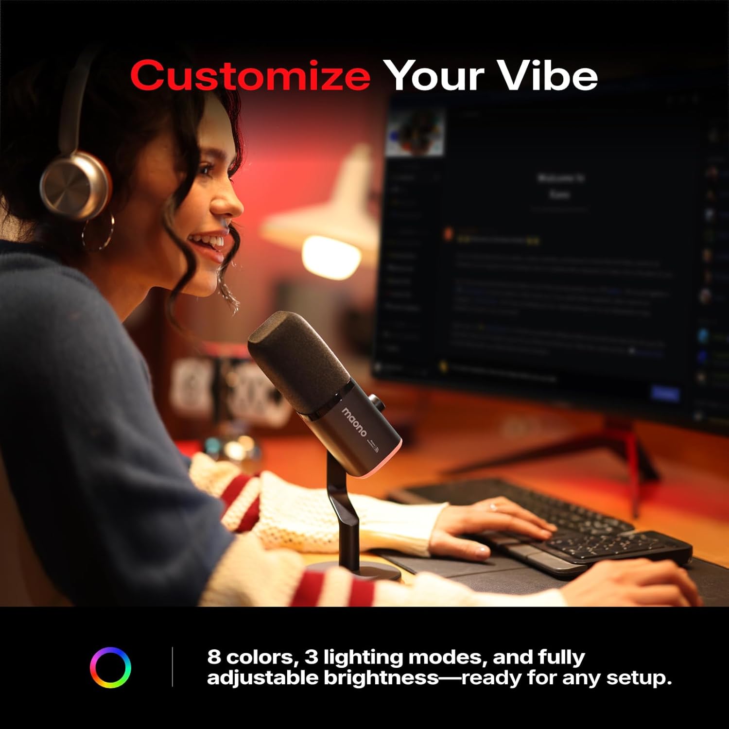 MAONO PD100W Wireless/USB Microphone, PC Gaming Mic with One-Click Noise Reduction,Mute Button,Custom RGB, 3.5mm Headphone Jack, Desktop Dynamic Streaming Mic for Recording,Podcasting, Black - Image 6