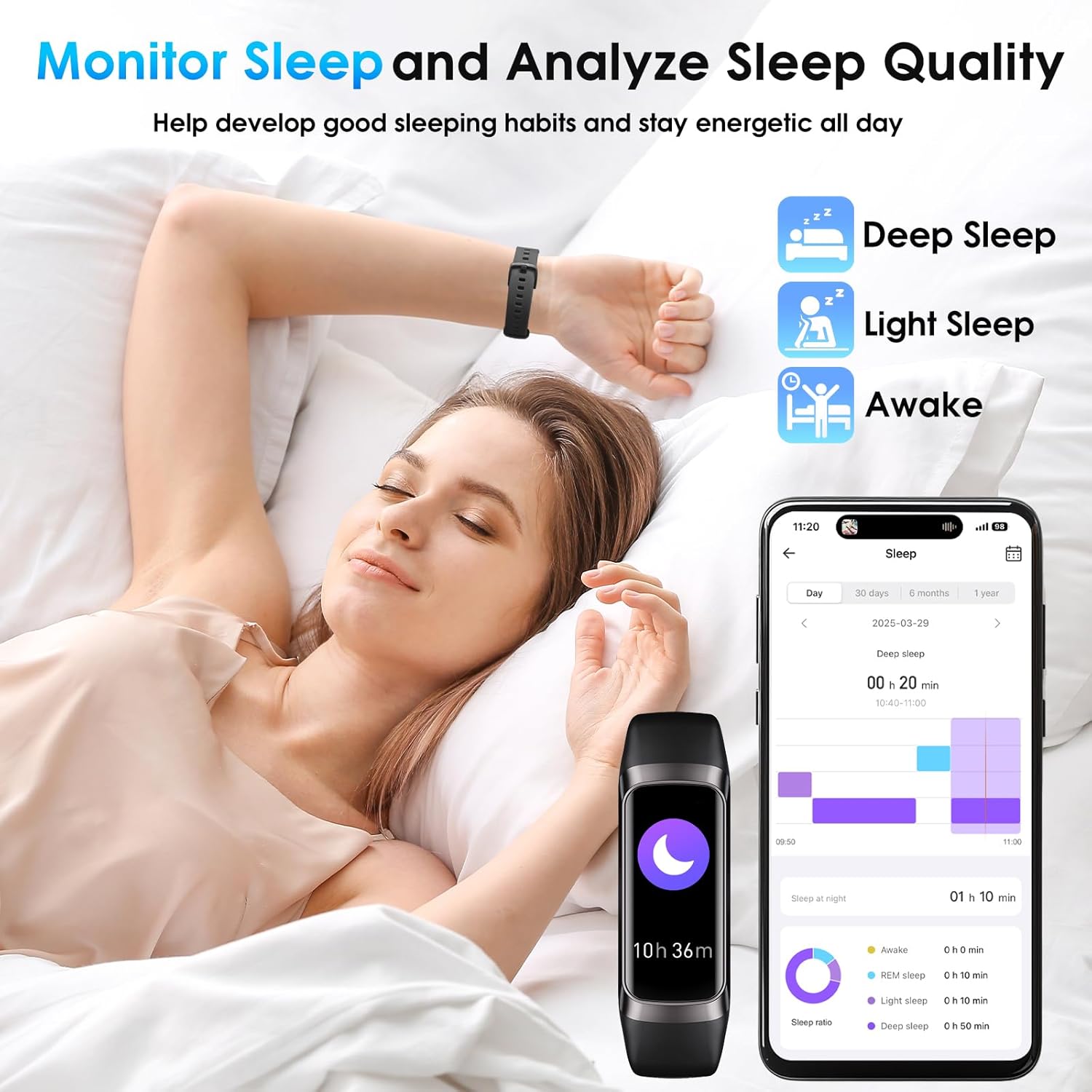 Fitness Tracker, 24/7 Heart Rate Blood Oxygen Blood Pressure Body Temp Monitor Sleep Calorie Tracker with 1.1" AMOLED Touch Color Screen Pedometer Smart Watch Waterproof for Women Men - Image 3