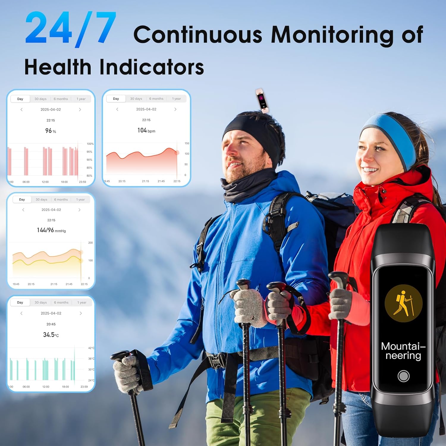 Fitness Tracker, 24/7 Heart Rate Blood Oxygen Blood Pressure Body Temp Monitor Sleep Calorie Tracker with 1.1" AMOLED Touch Color Screen Pedometer Smart Watch Waterproof for Women Men - Image 2