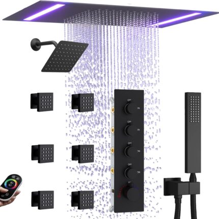 Thermostatic Shower System with 14x20 Inch Ceiling Mount LED Head & 6 Inch Wall Head and Handheld Shower 4 Function Vale with body jets Can All Run Together, Matte Black