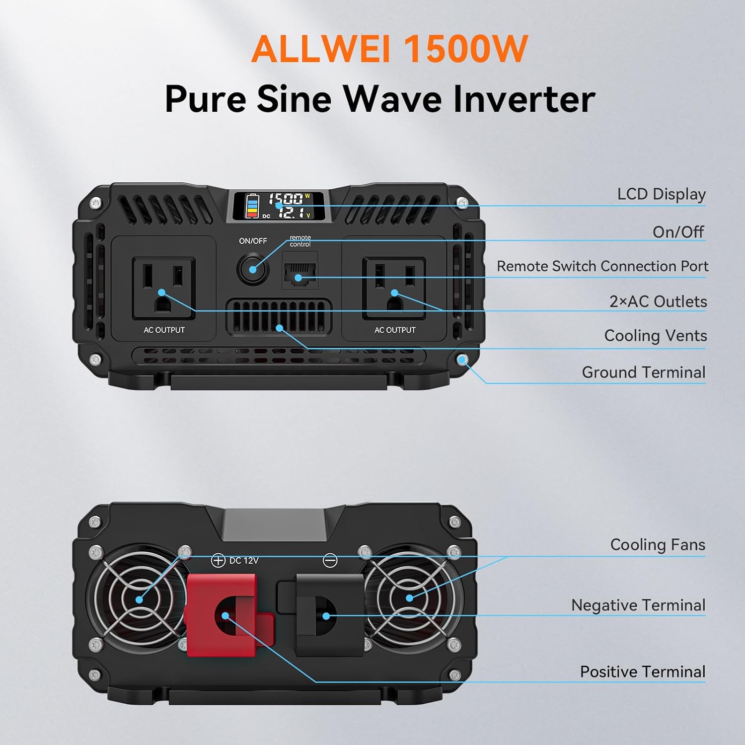 ALLWEI 1500W Pure Sine Wave Inverter 12V DC to 110V/120V AC Converter, Surge 3000W | Power Inverters Vehicles with 2 AC Outlets, RV Truck Boat Home Outdoor & Off-Grid Solar Inverter, Smart LCD Display - Image 6
