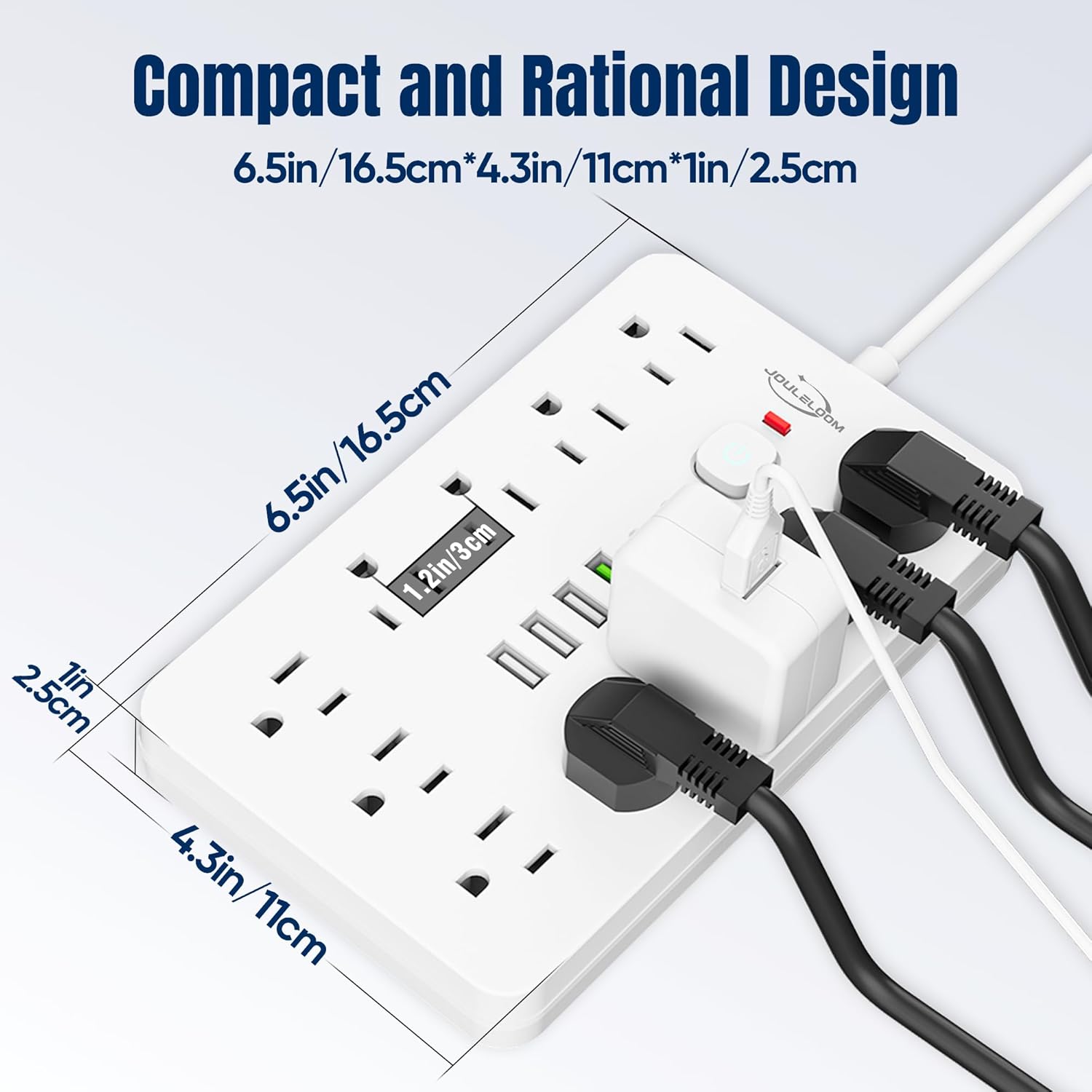 6 FT Flat Plug Surge Protector Power Strip,11 Multiple AC Outlets with 6 USB Ports (2 USB C), 6 Feet Extension Cord, 1250W/10A, One Touch Switch Button, 17 in 1 Compact powerstrip-White - Image 6