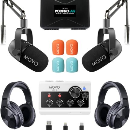 Movo Portable Podcast Equipment Bundle for iPhone/Android Phones- Podcast Kit with Audio Interface, 2 CastMic Dynamic Mics, 2 Headphones, 2 Boom Arms - for Smartphones, Computers, PC and Mac
