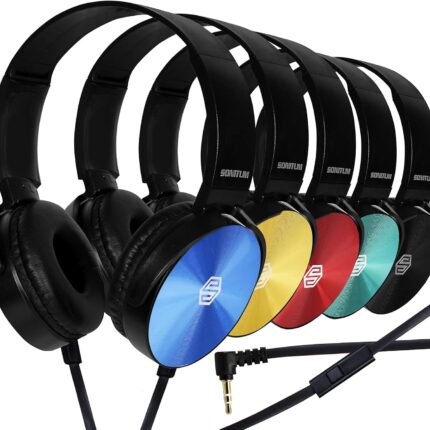 Premium Classroom Headphone with Microphone (5 Pack) - Kids Wired Earphones with Mic for School Students K-12 & Teachers, Soft Swivel On Ear Pads- Perfect for E-Learning, Meetings, Calls -(Colorful)