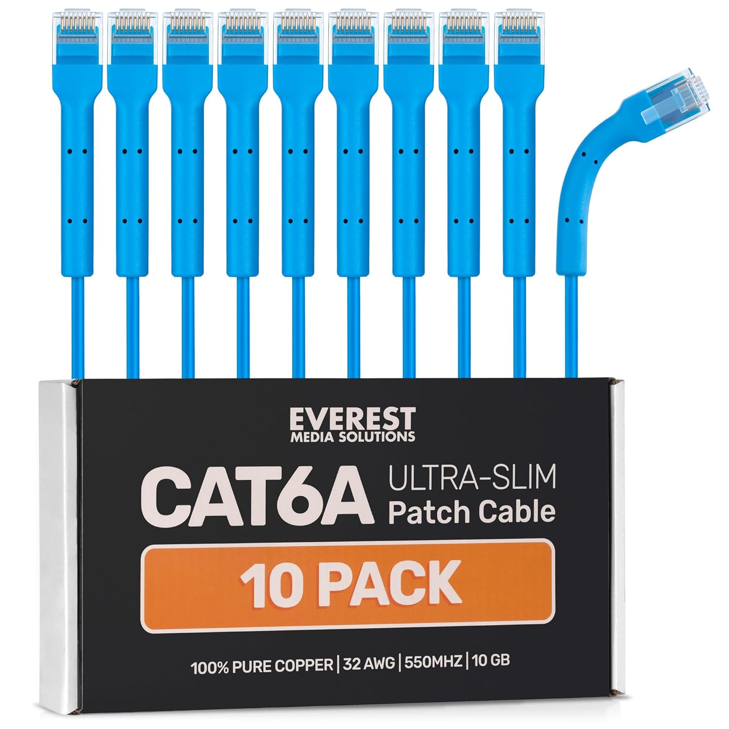 Everest Ultra Slim Cat6a Ethernet Patch Cables 0.5ft (10-Pack) Blue - 6 Inch 10GB Cat 6a Patch Cable - Bendable, Flexible & Thin Ethernet Cable - 32AWG 550MHZ Cat6a Cables - 100% Copper Wires