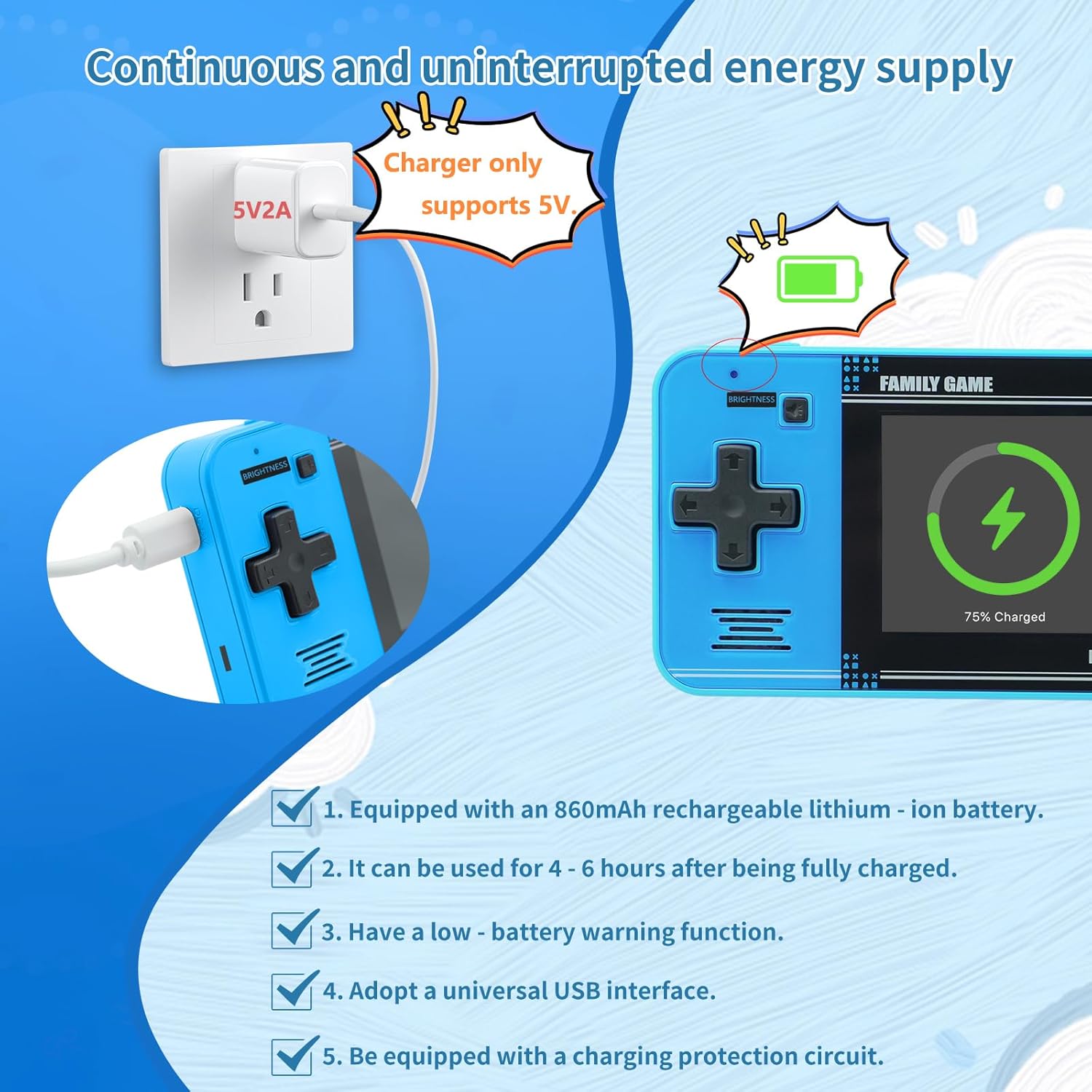 Handheld Game for Kids -Preloaded 220 Retro Video Games, Portable Gaming Player with Rechargeable Battery 3.0" LCD Screen, Mini Arcade Electronic Toy Gifts for Boys Girls (Blue) - Image 3