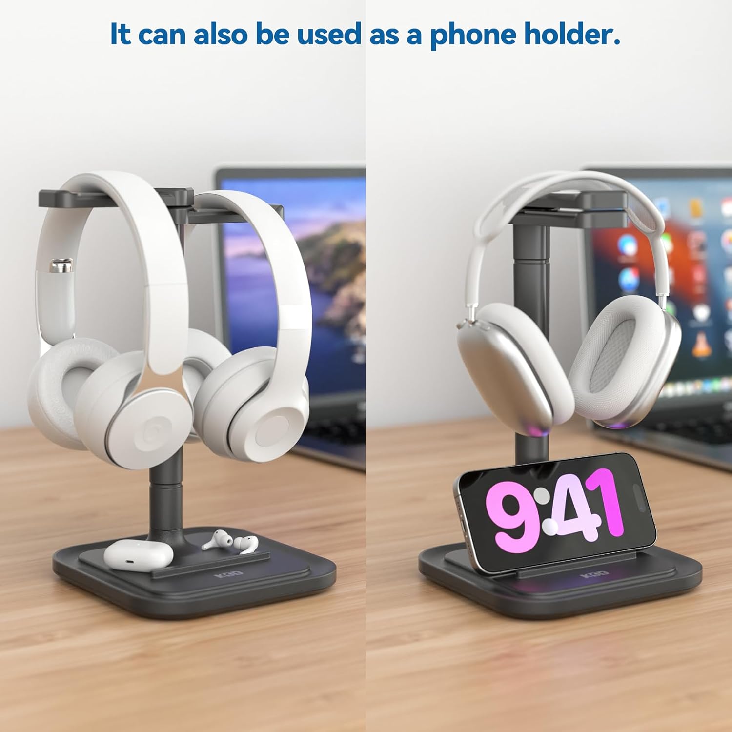 KDD Dual Headphone Stand for Desk - Rotatable Headset Hanger with Phone Holder - Removable Non-Slip Base for Gamers Desktop Accessories - Image 6