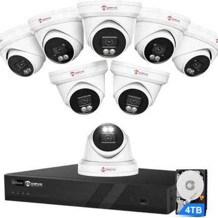 Anpviz 16 Channel NVR PoE Security Camera System with Two Way Audio, AI Human Vehicle Detection, 8x 4K 8MP Wired IP Turret Cameras Outdoor, 16CH 12MP PoE NVR with 4TB HDD, CCTV for Business Home, NDAA