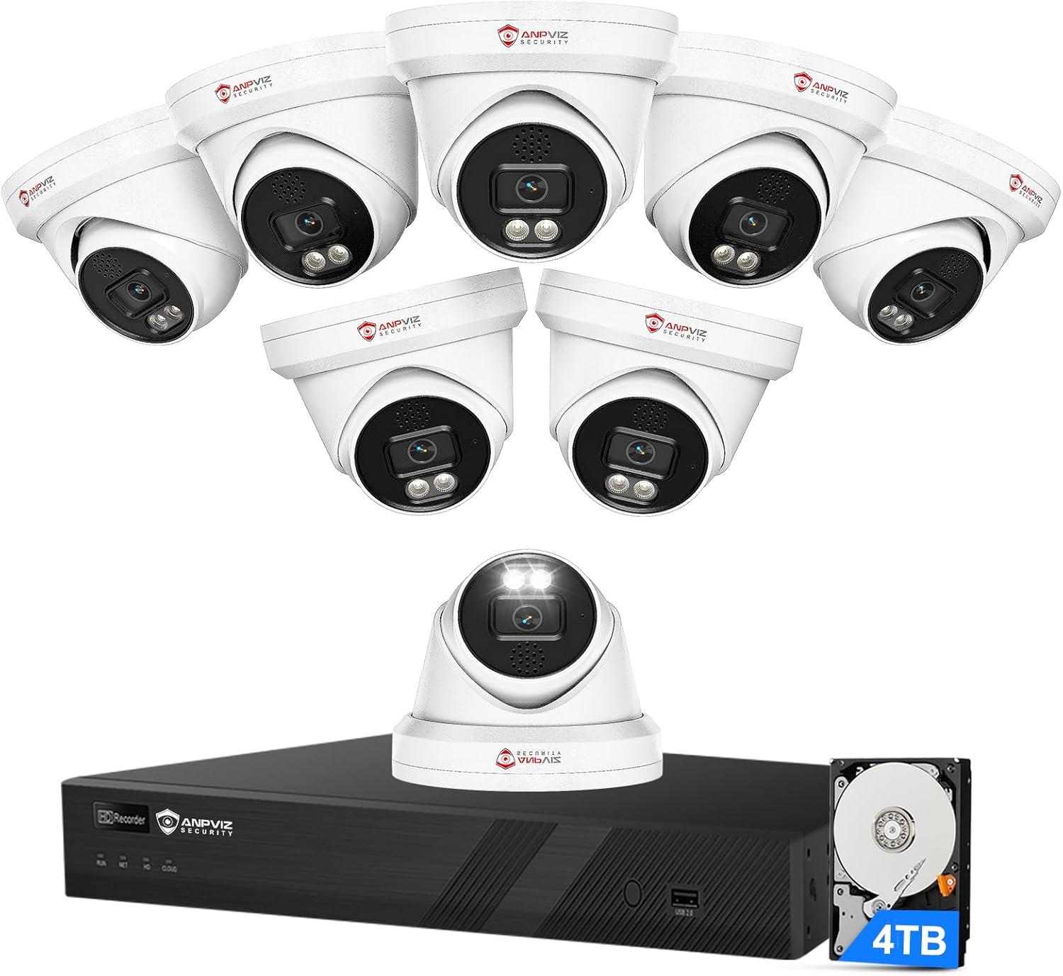 Anpviz 16 Channel NVR PoE Security Camera System with Two Way Audio, AI Human Vehicle Detection, 8x 4K 8MP Wired IP Turret Cameras Outdoor, 16CH 12MP PoE NVR with 4TB HDD, CCTV for Business Home, NDAA