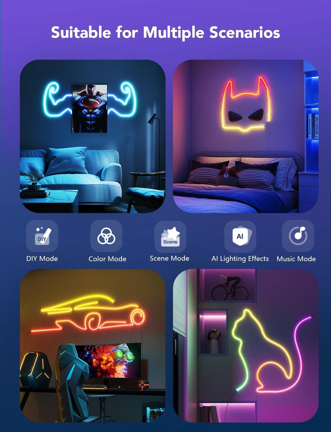 Govee RGBIC Neon Lights, LED Smart Neon Rope Light 2 Works with Matter, Alexa, Google Assistant, Custom DIY Neon Strip Lights for Bedroom and Holiday Decor, Softer Material, 32.8ft, White - Image 8