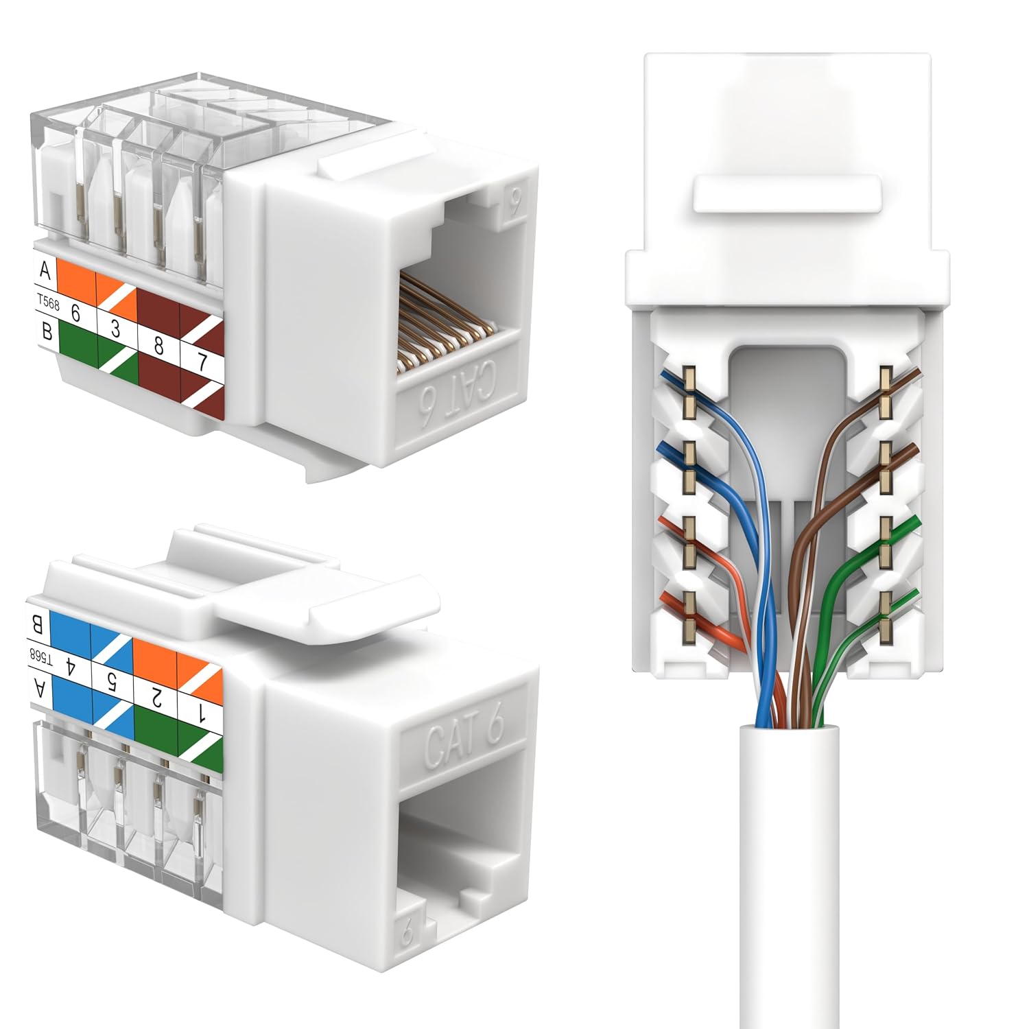 SATMAXIMUM 10 Pack Cat6 Keystone Ethernet Wall Jacks RJ45 Punch Down Slim Profile UTP White, 45 Degree for Patch Panel & Wall Plate, Supports Up to 10Gbps
