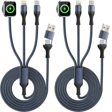 Travel Essentials 3 in 2 USB A/C Cable for Watch Charger/iPhone 17/IP Port, Multi Charging Cable for All Devices Designed for iWatch Ultra/SE/11-1 & iPhone 17-11,Gray iWatch Charger(2Pack 4FT)