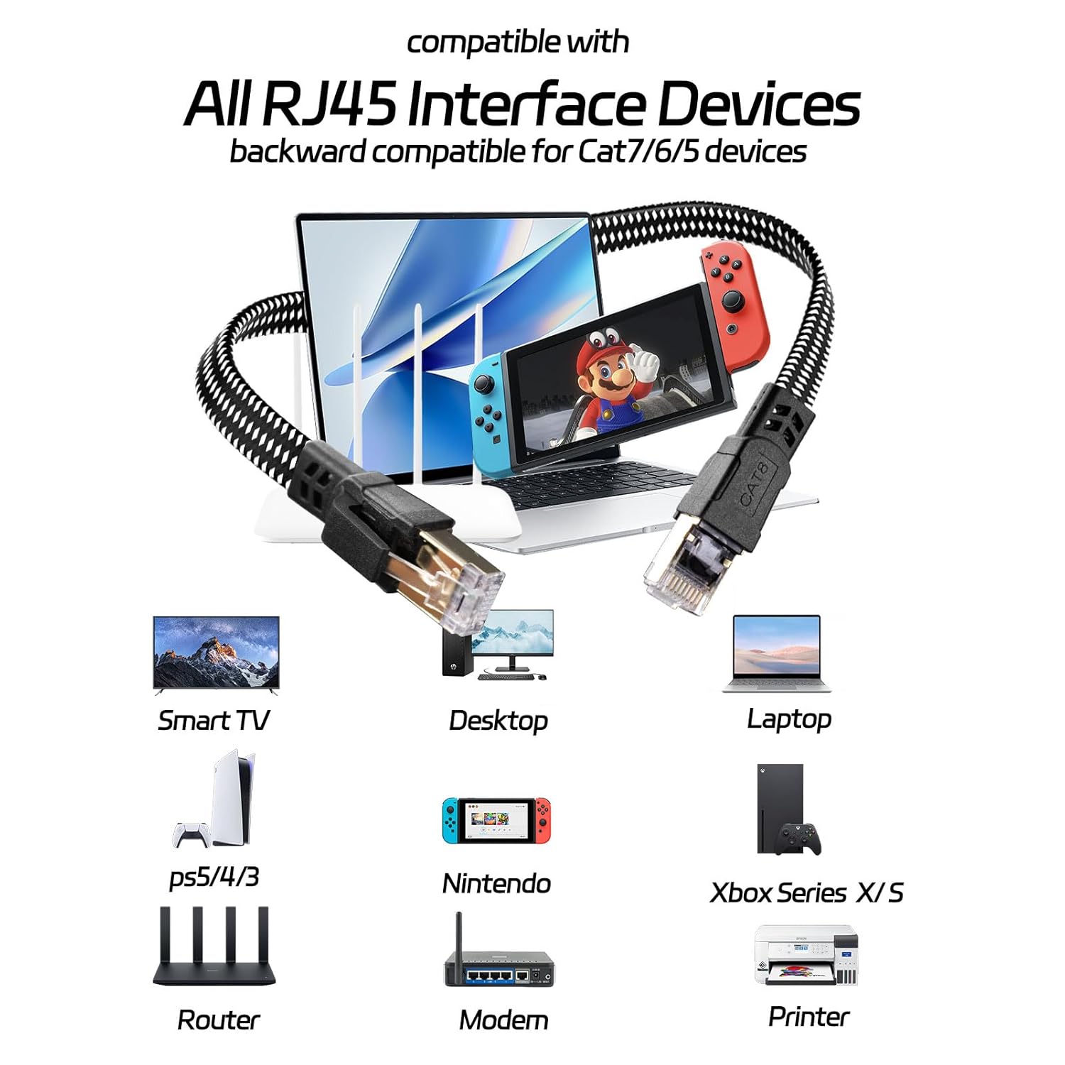 Cat 8 Ethernet Cable 3FT, 6FT 10FT 15FT 20FT 25FT 30FT 40FT 50FT 60FT 75FT 100FT High-Speed Braided Internet Cable Network Cord with RJ45 Connector 40Gbps 2000Mhz Heavy Duty LAN Cable Shielded Indoor - Image 5