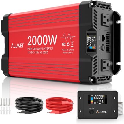 ALLWEI 2000W Pure Sine Wave Inverter 12V DC to 110V/120V AC Converter, Surge 4000W, 2 AC Sockets, LCD Display, Power Inverters for Vehicles, RV Truck Home Solar & Off-Grid Inverter, Remote Controller