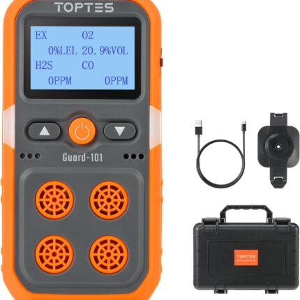TopTes Guard-101 Gas Detector, 4 Gas Monitor for H2S, CO, LEL and O2, with Vibration, Visual and Audible Alarms, 14h Long Battery Life, Safety Explosion-Proof, for Work, Home - Orange