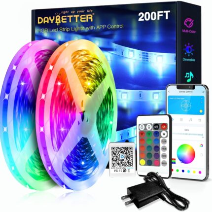 DAYBETTER LED Strip Lights 200ft (2 Rolls of 100ft), Color Changing Lights Strip for Bedroom, Desk, Indoor, Room Bedroom, Girl Boy Brithday Gifts RGB Decor with Remote and 24V Power Supply