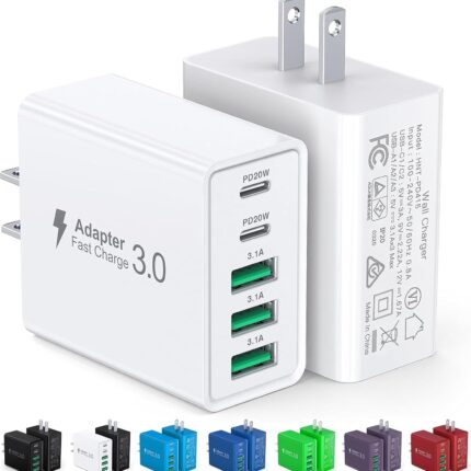 [2-Pack] USB C Wall Charger,60W 5-Port PD Fast USB C Charging Block,2USB C+3USB A Multiport Plug,Type C Power Adapter Brick Cube for iPhone 17/16/15/14/13/12/Pro Max/XS,iPad,for Switch,Samsung,Ultra 2