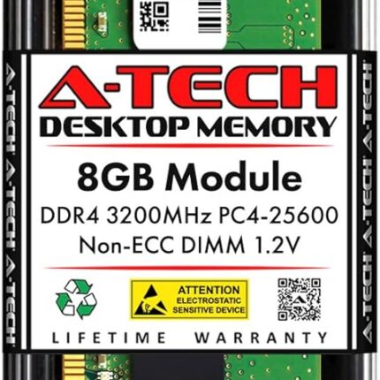 A-Tech 8GB DDR4 3200 MHz UDIMM PC4-25600 (PC4-3200AA) CL22 DIMM Non-ECC Desktop RAM Memory Module
