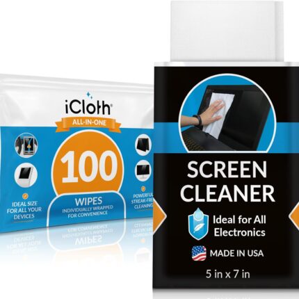 iCloth Large Screen Cleaning Wipes for Electronics, Lint-Free and Streak-Free, Fast-Drying, Removes Dust, Fingerprints, and Smudges (100 Wipes)