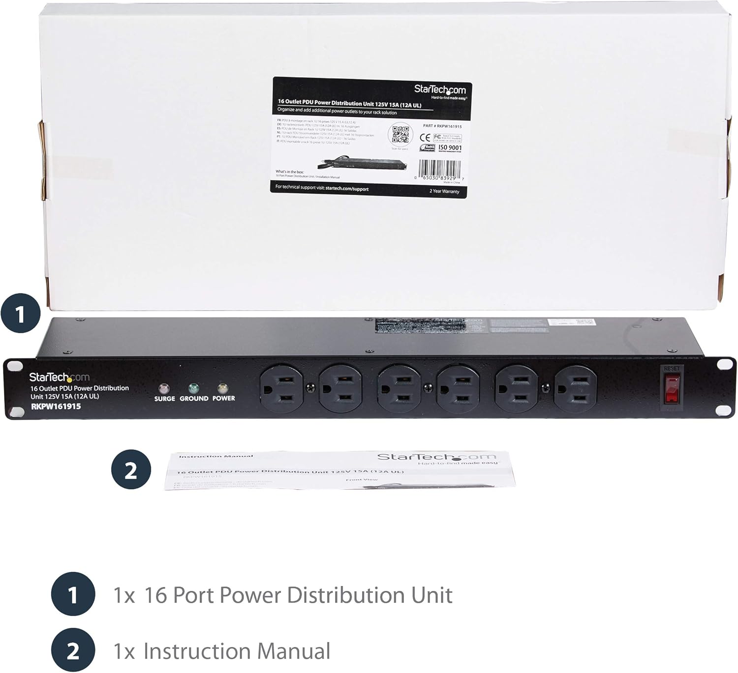 StarTech.com 16 Outlet Horizontal 1U Rack Mount PDU Power Strip for Network Server Racks - Surge Protection - 120V/15A - 6ft Power Cord (RKPW161915) - Image 7