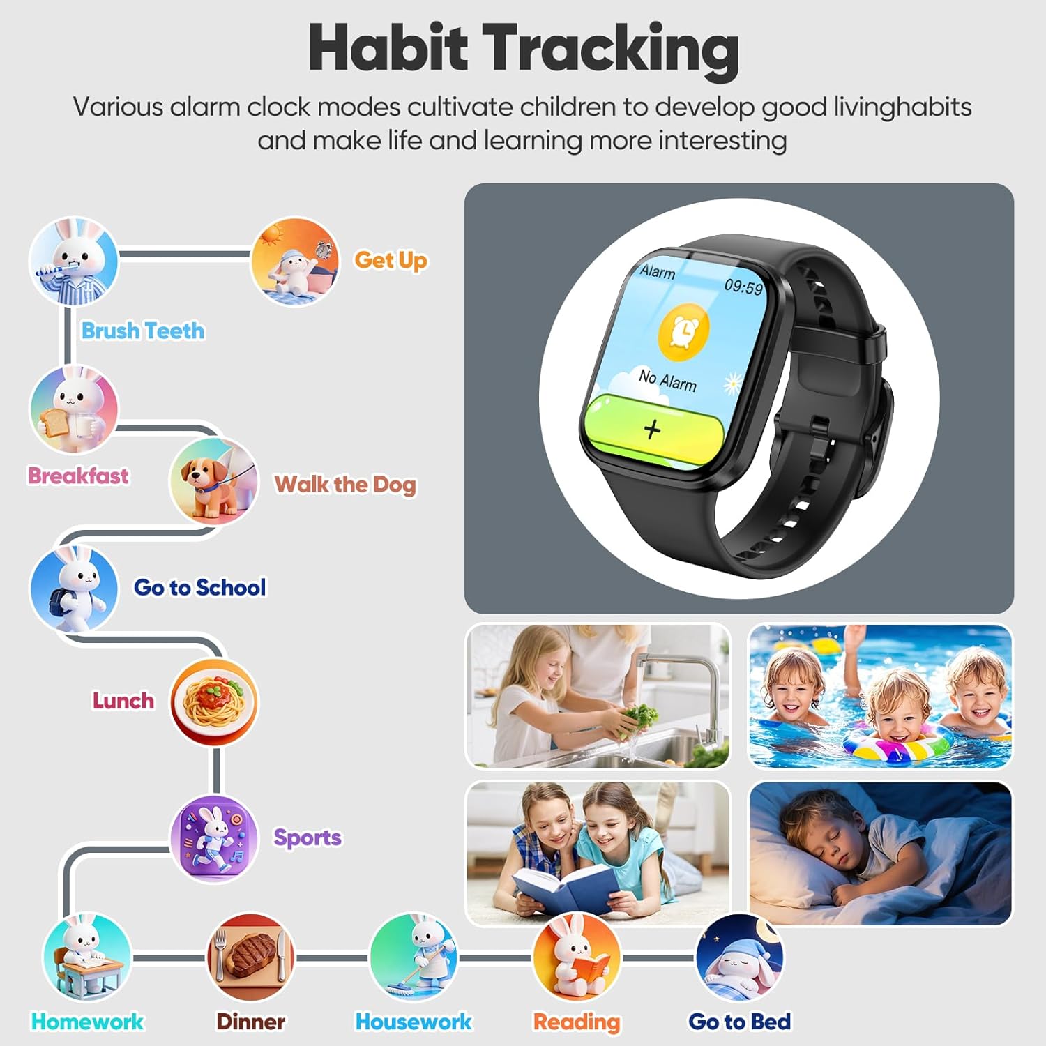 Smart Watch for Kids No APP/Phone Needed, HD Touch Screen Fitness Tracker with Heart Rate, Sleep Monitor, IP68 Waterproof Smartwatches with Pedometer, Alarm Clock, Gifts for Kids Ages 4-12 (Black) - Image 6