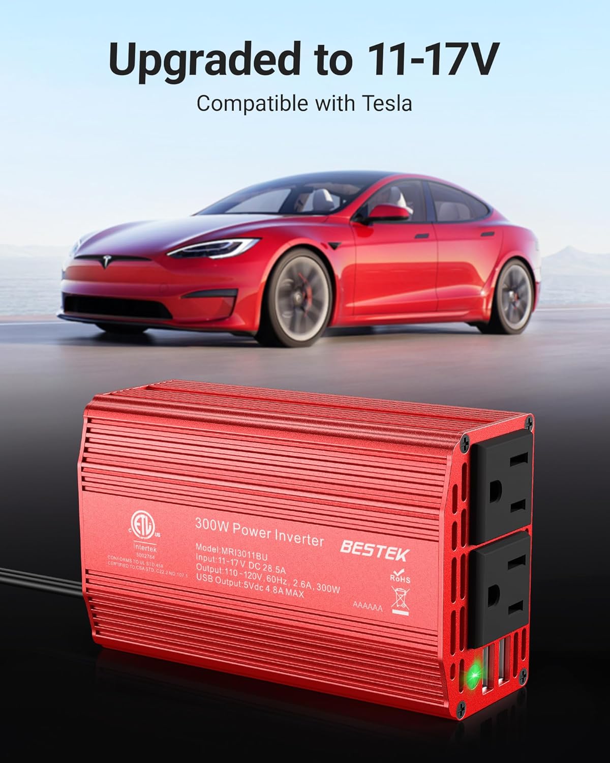 BESTEK Power Inverter DC 12V to AC 110V - 300W Car Plug Adapter Outlet with 4.8A Dual USB Fast Charging Port - Car Charger Cigarette Lighter Adapter for Phone, Laptop on Road Trip - Aluminum Housing - Image 6