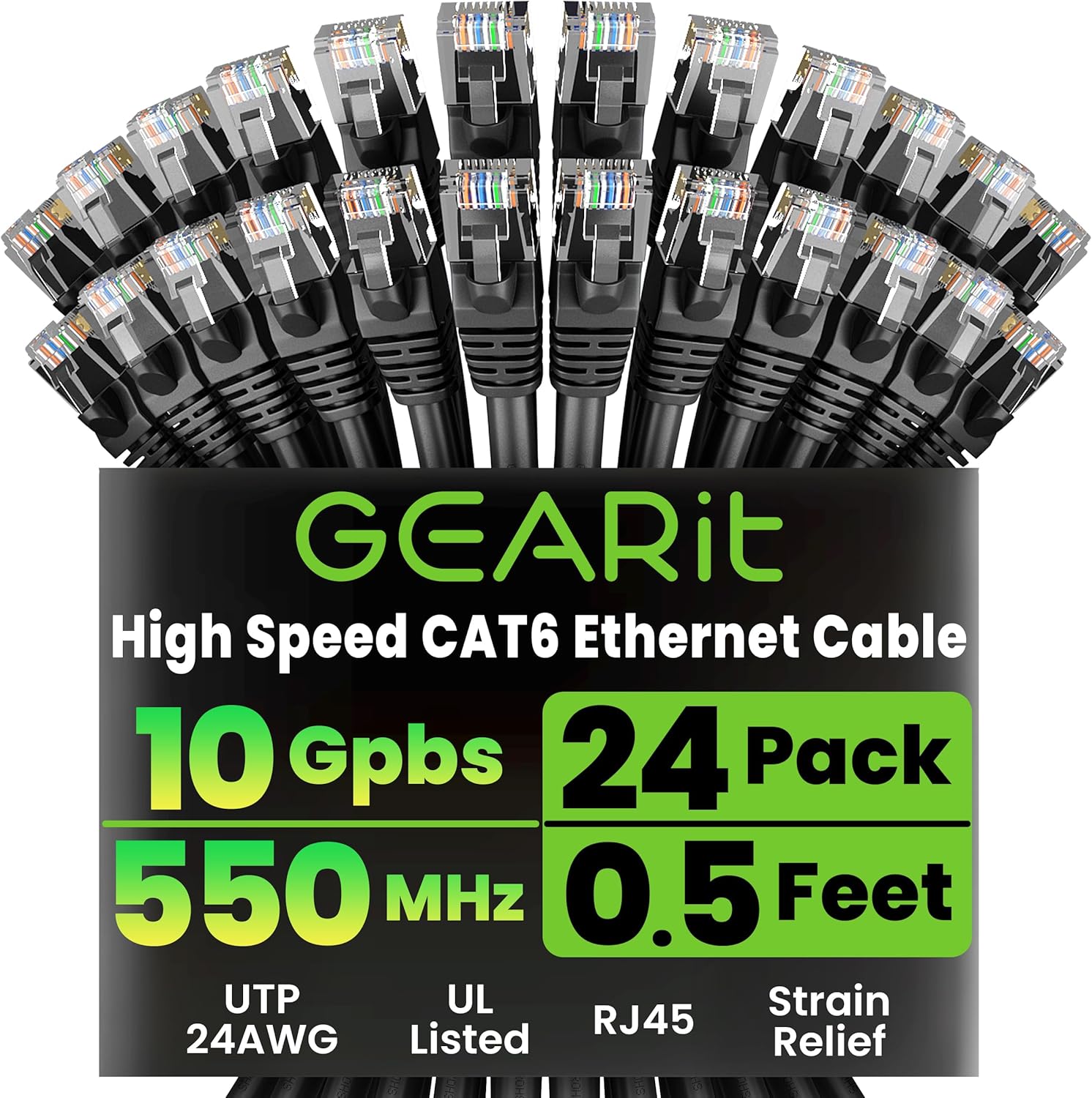 GEARit Cat 6 Ethernet Cable Pack - 24-Pack 0.5 ft Cat6 Ethernet Patch Cables | RJ45 Network Patch Cable, 10 Gbps Snagless Gold-Plated Connectors - Ethernet Cable Cat 6 for PC, TV, Router - Black