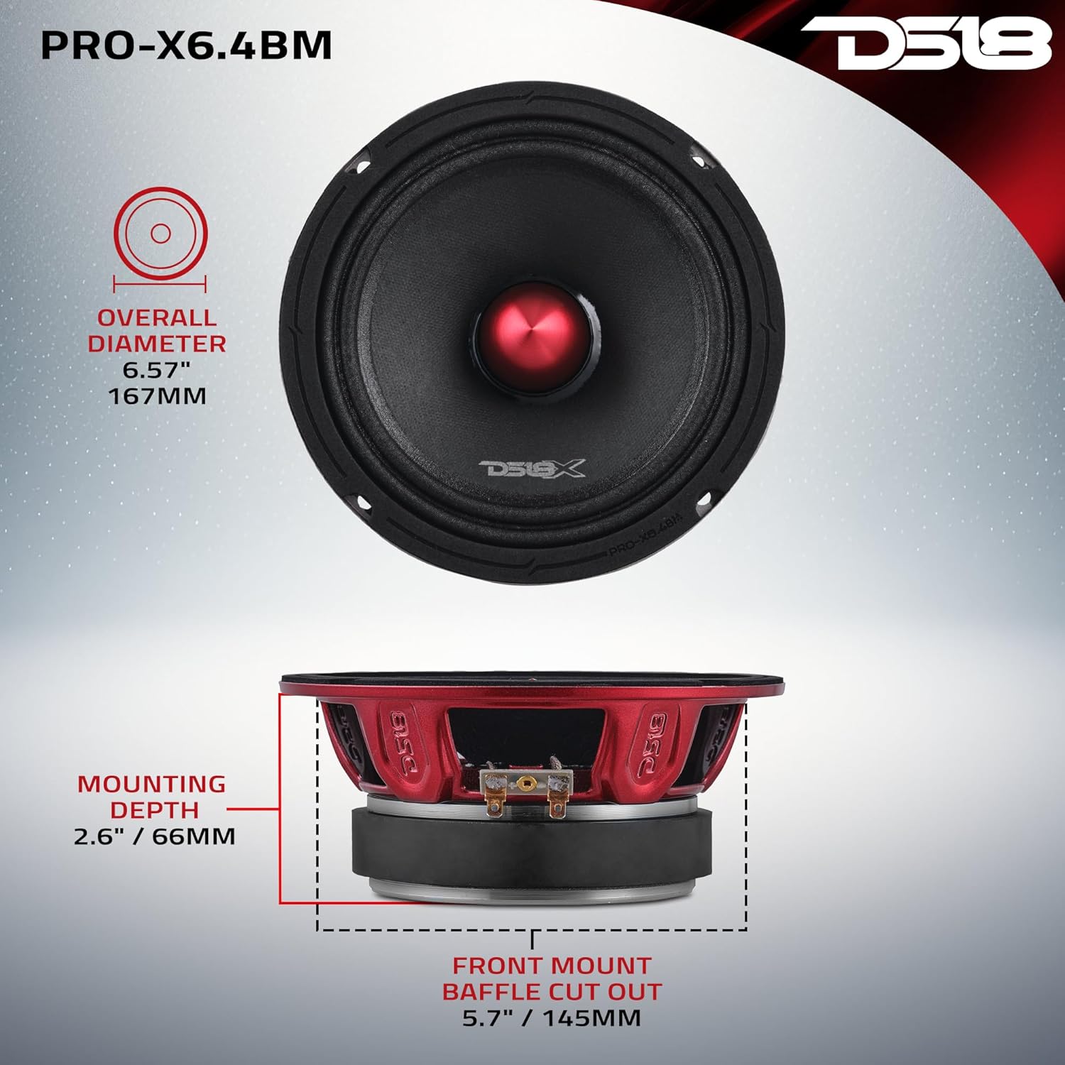 DS18 PRO-X6.4BM Loudspeaker - Pair of 6.5", Midrange, Red Aluminum Bullet, 500W Max, 250W RMS, 4 Ohms - Premium Quality Audio Door Speakers for Car or Truck Stereo Sound System (2 Speaker) - Image 5